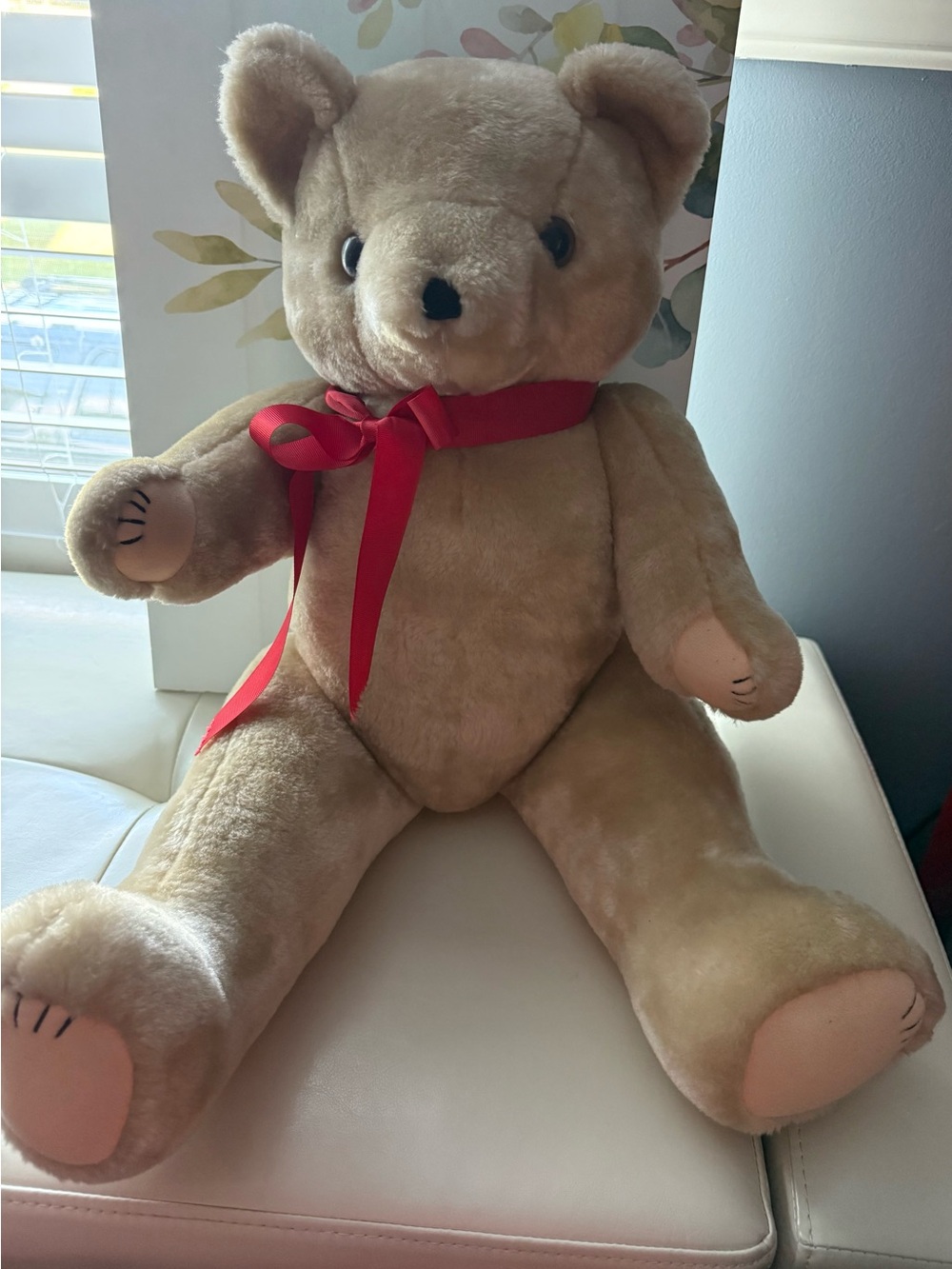 Classic Beige Plush Teddy Bear with Red Bow - Kids Toys